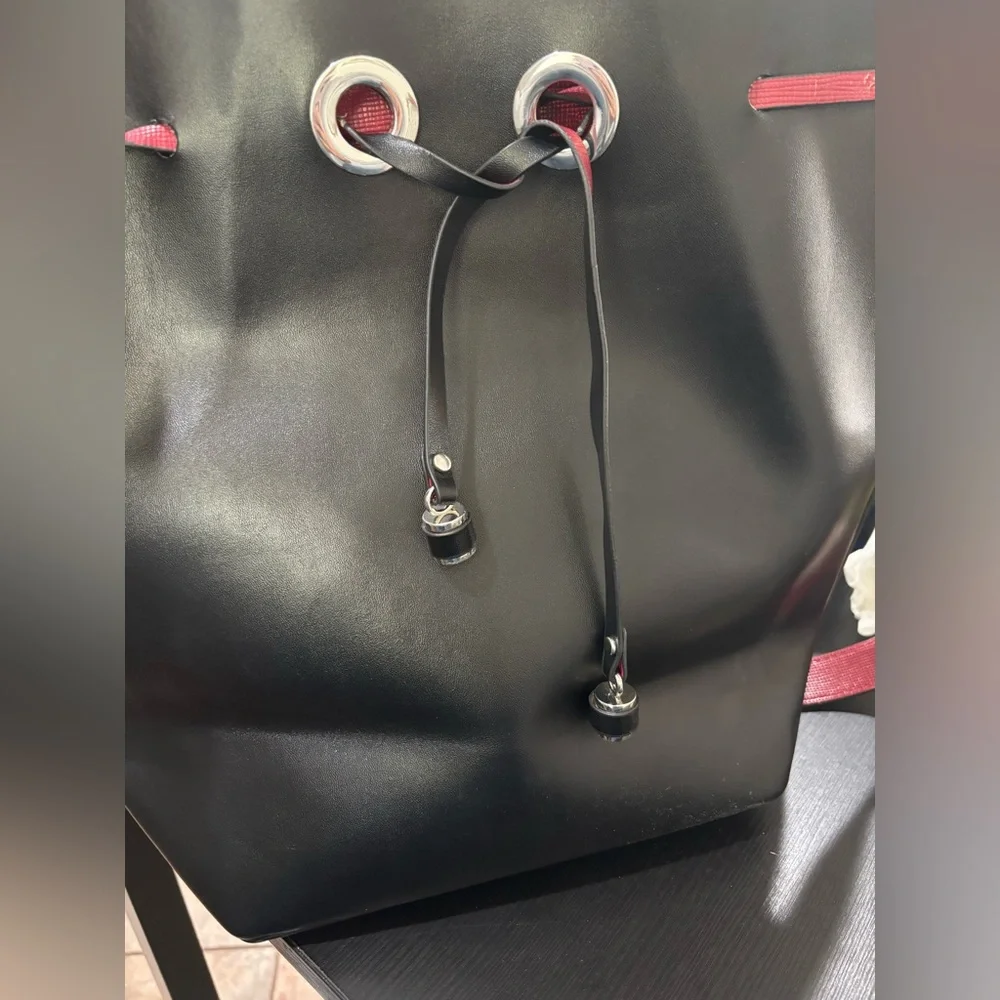 Zara black large bucket bag with red interior silver hardware